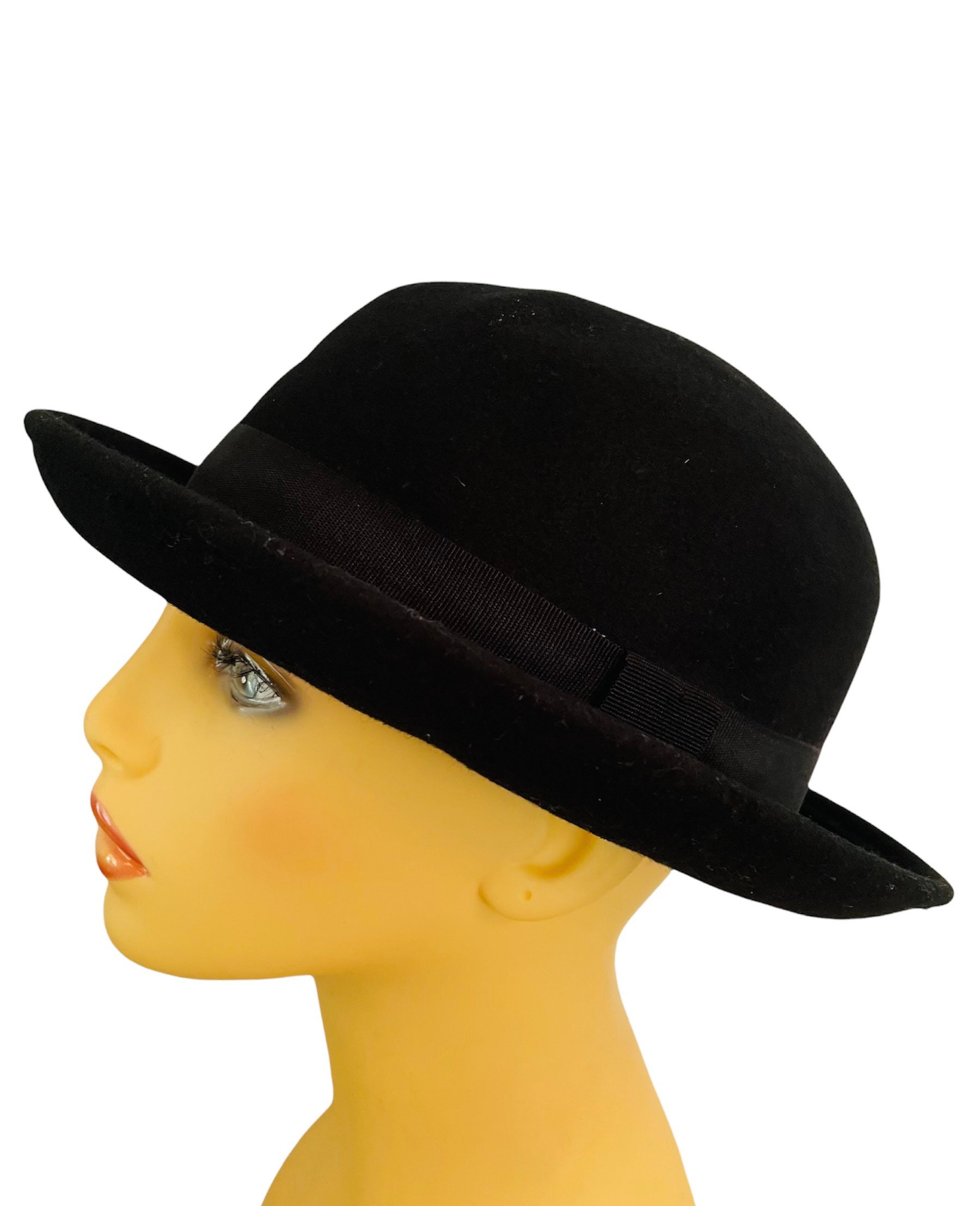 Ladies Black Wool Bowler Hat \u0026 Glass 