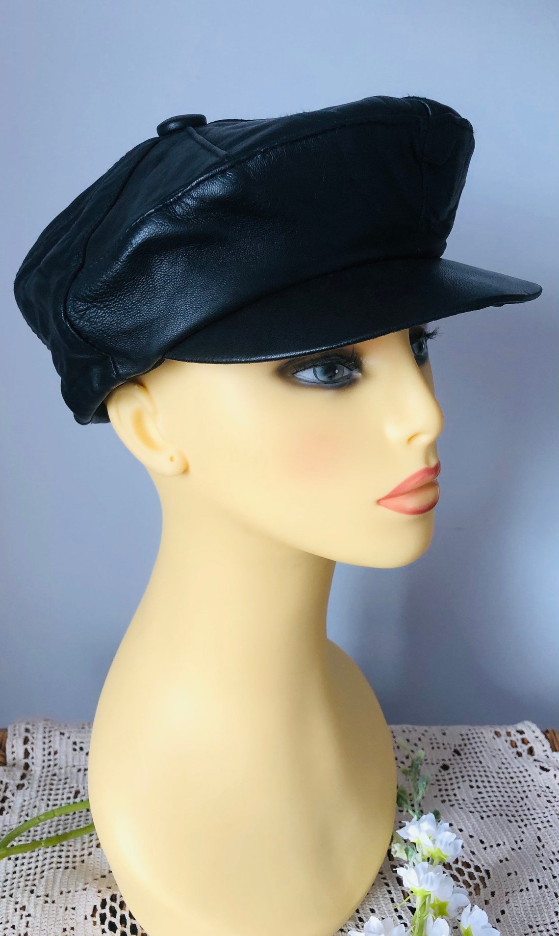 Unisex Black Leather Baker Boy Cap Etsy