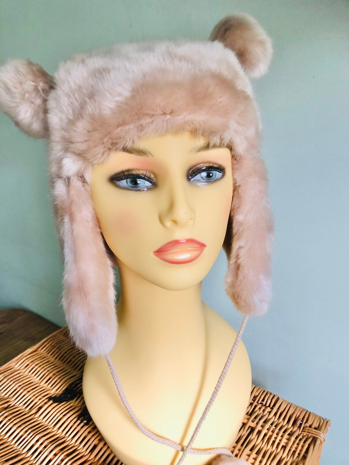 Ladies Cream /Ivory faux fur trappers hat with pom poms . Etsy