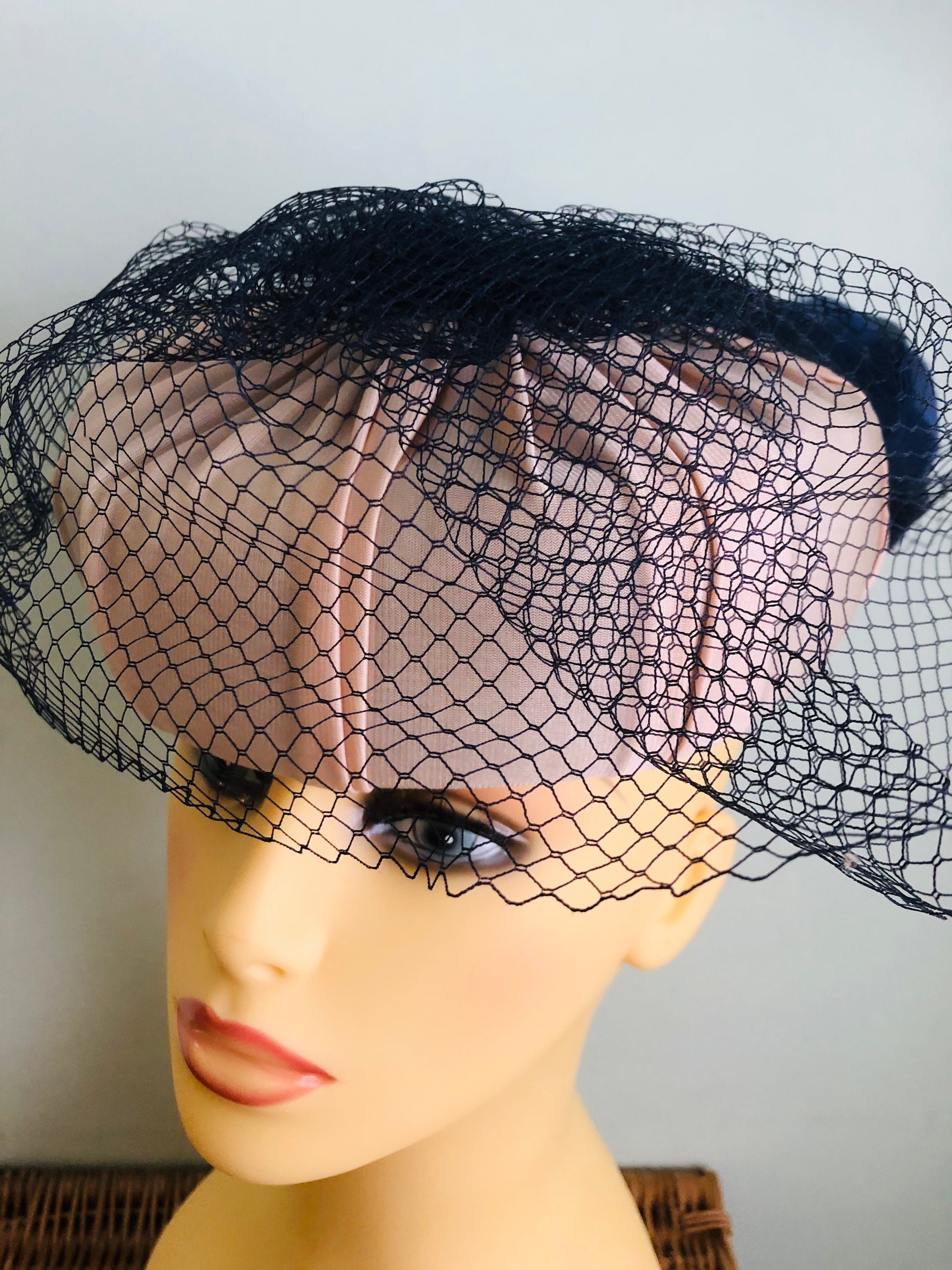 Ladies Vintage Pillbox Hat with birdcage netting & Blue Rose Etsy