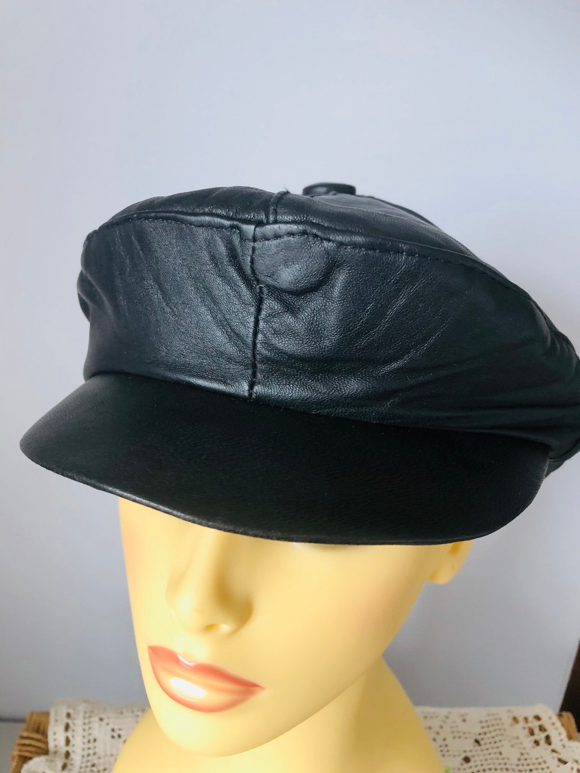 Unisex Black Leather Baker Boy Cap Etsy