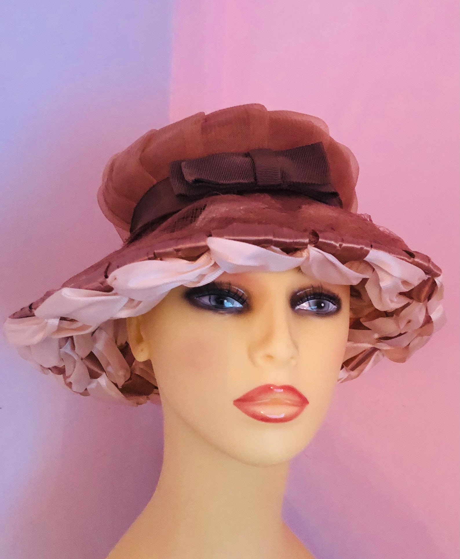 Ladies Bronze & Cream vintage hat. Ribbons and Netting. Front Etsy