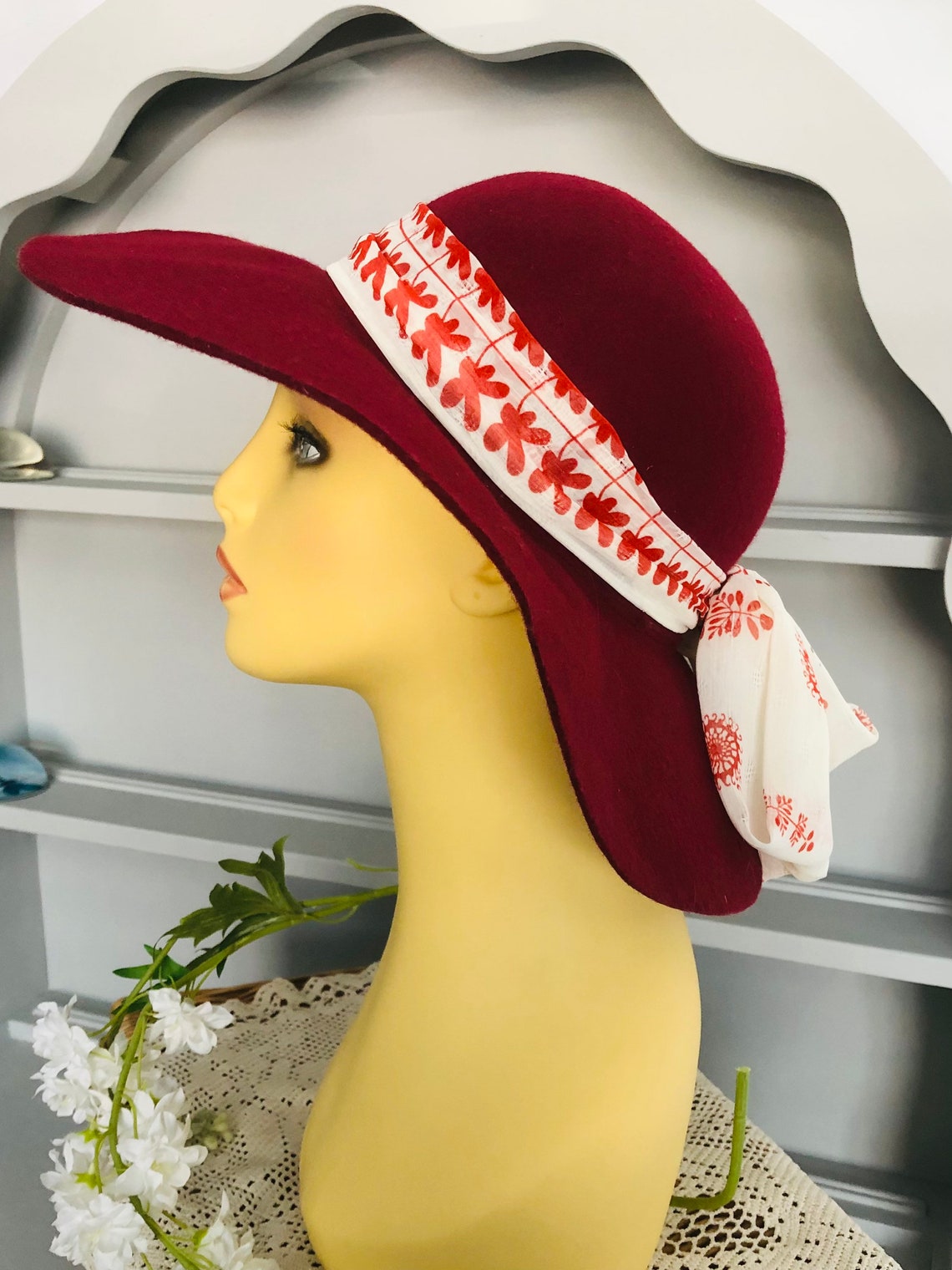 Ladies Dark Red Wide Brim Hat & Red White Scarf Bandana | Etsy UK