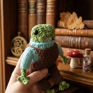 Handmade Knitted Frog Toy Collectible Plush Animal in Overalls Gift for Frog Lovers