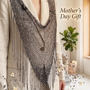 Mother's Day Gift for Mom, Sparkly Triangle Shawl, Elegant Evening Wrap, Lightweight Knit Scarf, Gift for Her, Handmade Sequin Shawl