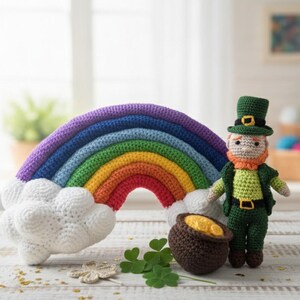 Rainbow Nursery Decor Set, Crochet Leprechaun and Pot of Gold, Amigurumi St Patrick's Day Gift, Irish Lucky Charm Baby Shower, Waldorf Playr