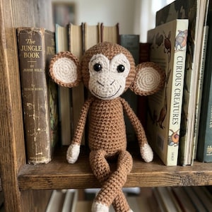 May include: A crocheted monkey toy in shades of brown and cream, with a smiling face and large ears. The monkey is positioned on a wooden shelf, surrounded by a collection of old books. The doll's arms and legs are hanging down.