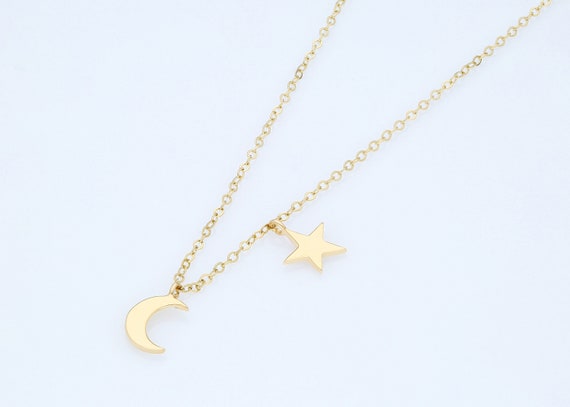 Twinkle Star Delicate Necklace 14K Yellow Gold Jewelry For Chrismas Gift Stra n Moon Station Necklace