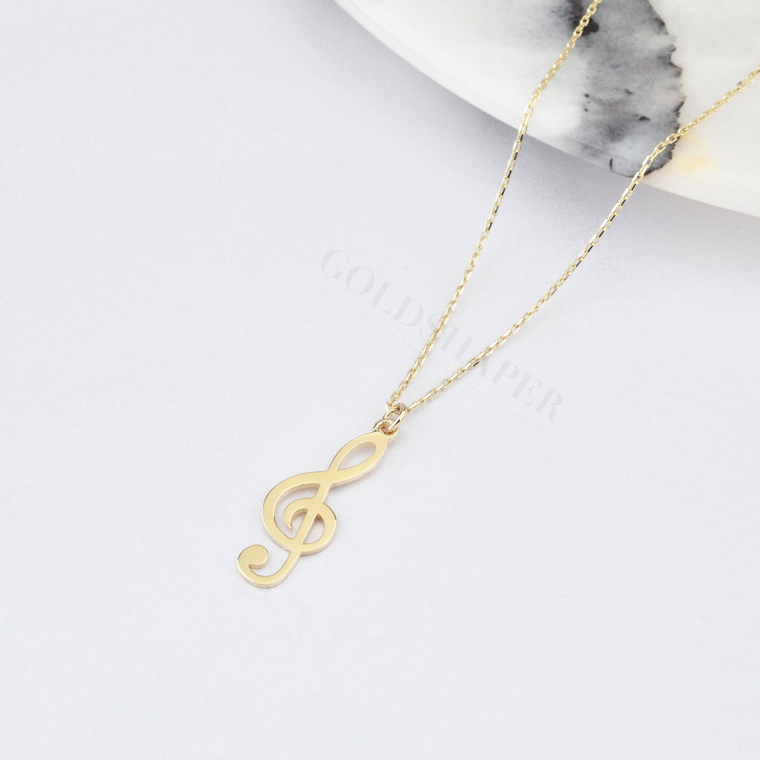 14k Gold G Clef Music Note Necklace 