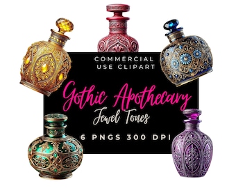 Gothic Apothecary Bottle Clipart Jewel Tones Emerald, Sapphire, Ruby, Amethyst, Topaz, Onyx, Intricate Ornate Patterns - Digital Download