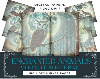 Enchanted Moonlit Forest Junk Journal Pages Digital Download Printable Vintage Ephemera  Raccoon Fox Owl Wolf Lynx Bat Moon Watercolor