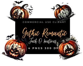Gothic Pumpkin Clipart Jack-O'-Lantern Watercolor Halloween Art Vampire’s Lair, Haunted House, Graveyard, Spooky png 300 DPI bats Fantasy