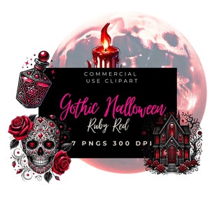 Rubinowoczerwona czaszka Róże Mikstura księżycowa Butelka Książka Nawiedzony dom Clipart Upiorny Halloween Gotycka sztuka cyfrowa png 300 DPI Nietoperze Fantazja Świeca Straszny