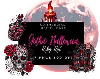 Ruby Red Skull Roses Moon Potion Bottle Book Haunted House Clipart Eerie Halloween Gothic Digital Art png 300 DPI Bats Fantasy Candle Spooky
