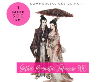Gothic Romantic Asian Vampire Couple, Watercolor, Japanese, Feudal, portrait, 300 DPI, PNG , Graphic Novel, Anime, Manga, Kimono, umbrella