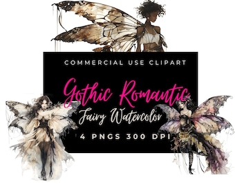 Gothic Fairy Clipart Romantic Watercolor 300 DPI PNG Goth Fantasy Ethereal Black Dark Goth Digital Crafting