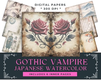 Gothic Watercolor Asian Vampire Digital Paper, Traditional Japanese Elements, Romance, Manga, Couples, Kitsune, Junk Journal, Anime, Kimono