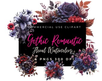Gothic Floral Watercolor Clipart Black Roses Dahlias Anemones Peonies Tulips Orchids Dark Romance 300 DPI Commercial Use PNG Fantasy Flowers