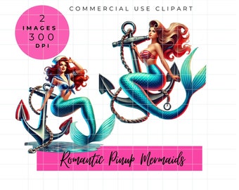 Mermaid Retro Pinup Siren ClipArt - 300 DPI High Resolution Anchor Watercolor Vintage Fantasy Sea Creature Mystical Ethereal Red White Blue
