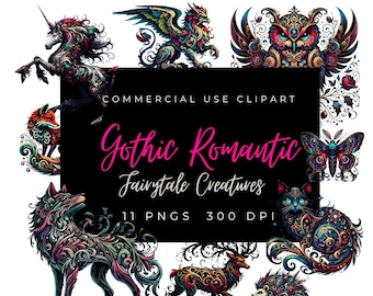 Gothic Fairytale Animals Clipart Fox, Raven, Owl, Wolf, Deer, Unicorn, Cat, Griffin, Hedgehog, Serpent, Moth Dark Romantic Designs 300 DPI