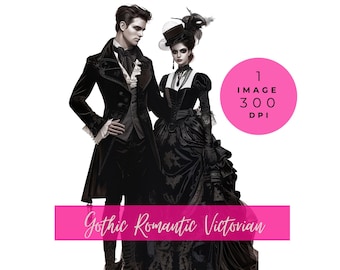 Gothic Dark Romance Victorian Couple Vampire Elegant Attire Antique Clipart Halloween Spooky lovers characters book cover png 300 DPI