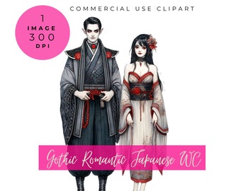 Gothic Romantic Asian Vampire Couple, Watercolor, Japanese, Feudal, portrait, 300 DPI, PNG , Graphic Novel, Anime, Manga, Kimono