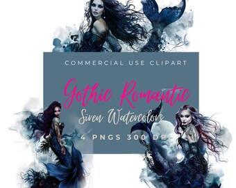 Dark Romantic Mermaid Siren Clip Art Set - 300 DPI High Resolution Underwater Watercolor Gothic Fantasy Sea Creature Mystical Ethereal Asian