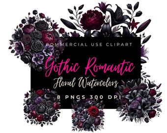 Gothic Floral Watercolor Clipart Black Roses Dahlias Anemones Peonies Tulips Orchids Dark Romance 300 DPI Commercial Use PNG Fantasy Flowers