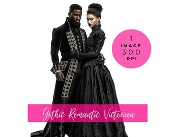 Gothic Dark Romance Victorian Black Couple Vampire Elegant Attire antique Clipart Halloween Spooky lovers characters book cover png 300 DPI