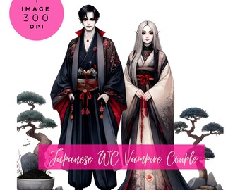 Gothic Asian Vampire Couple, Watercolor, Zen Garden, Japanese, Feudal, portrait, Bonsai, 300 DPI, PNG , Graphic Novel, Anime, Manga, Kimono