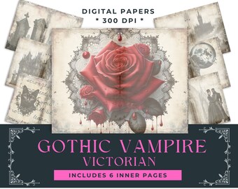 Gothic Romantic Victorian Vampire, Antique, Halloween, Spooky, Graveyard, Couples, Mansion, Black Cat, Junk Journal, Rose, Archway, Moon
