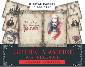 Gothic Romantic Vampire, retro, Halloween, Spooky, Castle, Bat, Junk Journal, Rose, Raven, Skull, Watercolor, Character Art, Digital Pages