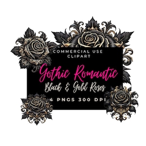 Black & Gold Rose gothic Clipart Dark Romance 300 DPI Commercial Use PNG Fantasy Flowers Fairytale Floral