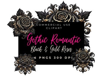 Black & Gold Rose gothic Clipart Dark Romance 300 DPI Commercial Use PNG Fantasy Flowers Fairytale Floral