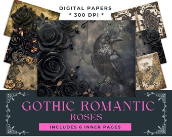 Gothic Romantic, Antique, Halloween, Spooky, Junk Journal, Rose, Flowers, Raven, Digital Pages, 300 Dpi, Black, Gold
