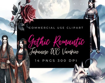 Gothic Vampire Watercolor Asian Clipart, Traditional Japanese Elements, Romance, Character Art, Mt Fuji, Couples, Kitsune, Rose, kimono