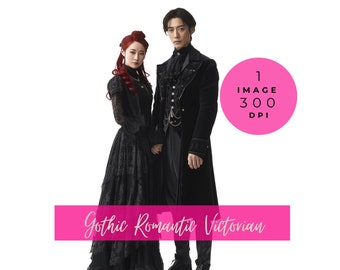 Gothic Dark Romance Victorian Asian Couple Vampire Elegant Attire antique Clipart Halloween Spooky lovers characters book cover png 300 DPI