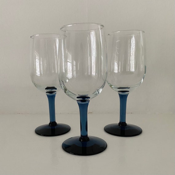 Set of 3 Small Vintage Blue Stem Wine Glasses Etsy UK
