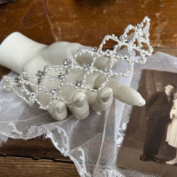 Antique French Bridal Crown | Wedding Rhinestone and Wax Pearls Tiara Wearth Headdress | France ca 1930