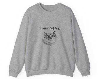 I Need Coffee Angry Cat Sweatshirt Crewneck Sweatshirt, Cat Sweatshirt, Coffee Crewneck, Funny Coffee Sweatshirt, Angry Kitty