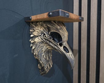 Raven Skull goth shelf 10cmx10cm wooden top