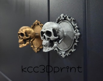 Uchwyt do szafki w kształcie gotyckiej czaszki | Matowa czerń/biały uchwyt do szuflady z wykończeniem Rub n Buff