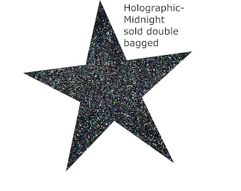 May include: A black star-shaped glitter ornament with the text "Holographic-Midnight sold double bagged".