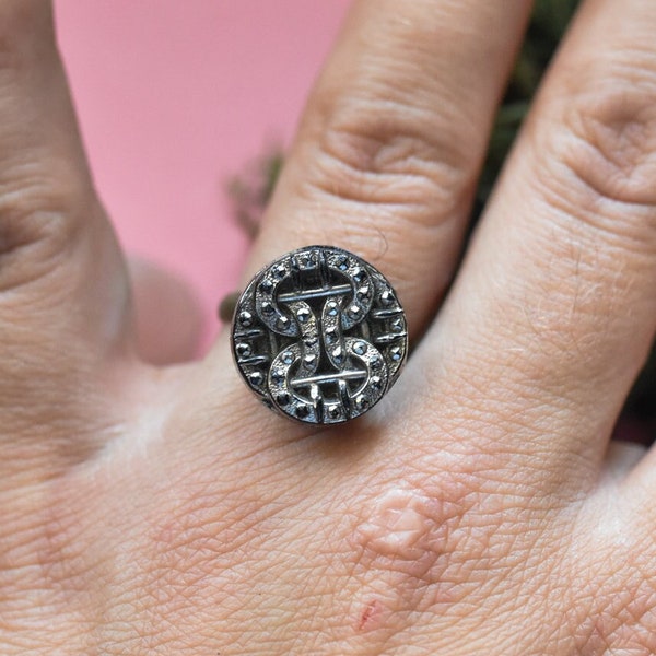 Antique Button Glass Back Luster Button with Cut Steel Accents Adjustable Ring (Circa 1890's OLD!)