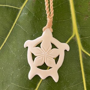 Hawaiian Tribal Jewelry White Carved Buffalo Bone Honu Plumeria Pendant Necklace with Adjustable Cotton Cord