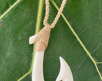 Maori Hei Matau New Zealand Fish Hook Buffalo  Bone Necklace Choker with Adjustable Cotton Cord