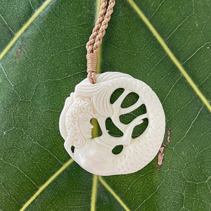 Hawaiian Mermaid Carved Buffalo Bone Pendant Necklace with Adjustable Cotton Cord Hawaii Tribal Jewelry