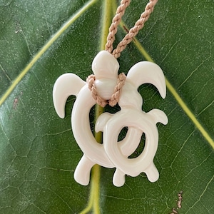 Hawaiian Double Honu White Buffalo Bone Spiral Carved Pendant Necklace with Adjustable Cotton Cord Hawaii Tribal Jewelry
