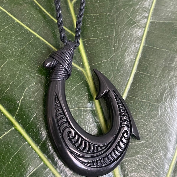 Genuine Black Jade Nephrite Carved Fish Hook Adjustable Black Hemp Cord Pendant