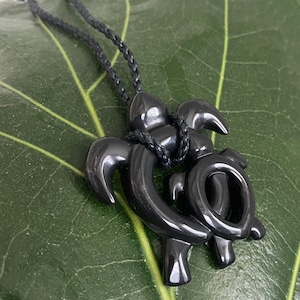 Genuine Black Jade Double Turtle Honu Design Adjustable Black Hemp Cord Pendant